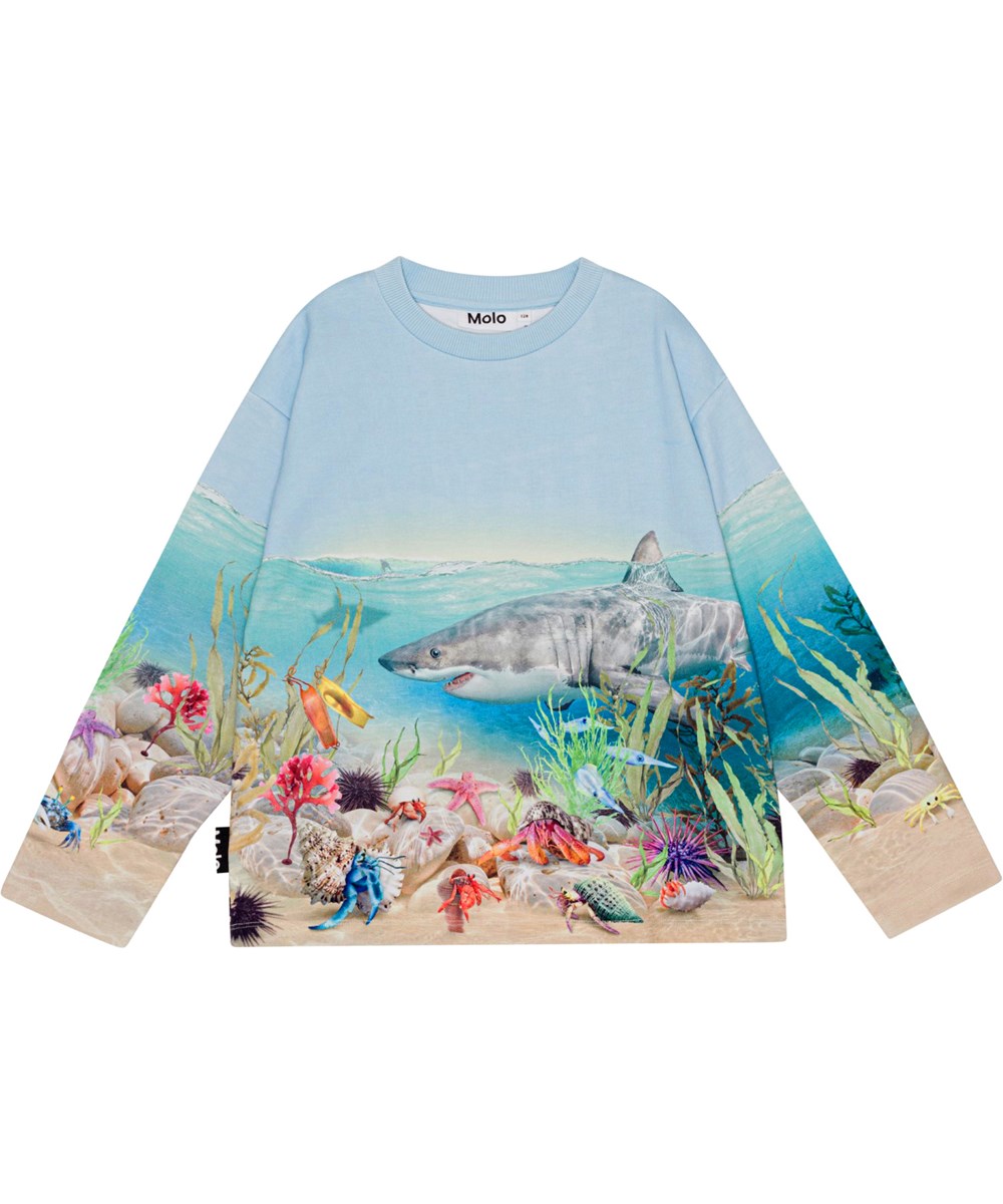 Monte - Shore Life - Blauwe biologische sweater met haaienprint