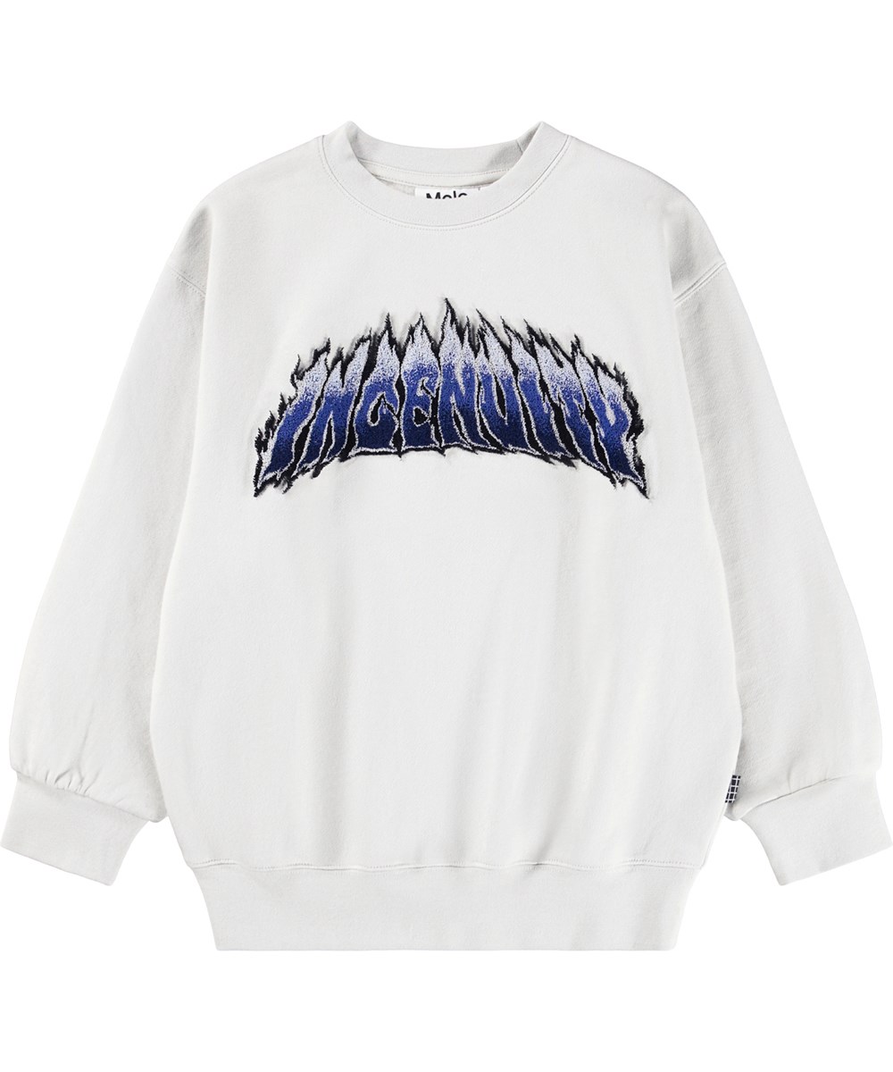 Monti -  Flaming Text - Gebroken witte kindersweater gemaakt van zacht biologisch katoen met pluizige borduursels.