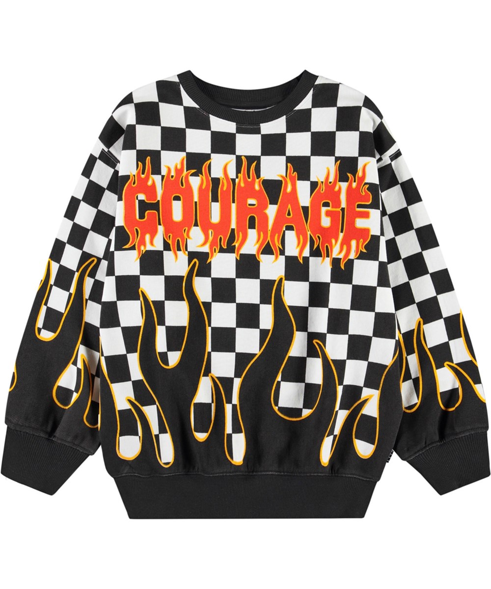 Monti - Check On Fire - Zwart en wit geblokte kindersweater met vlammen van zacht biologisch katoen met print en ribboord rond de hals, mouwen en onderkant.