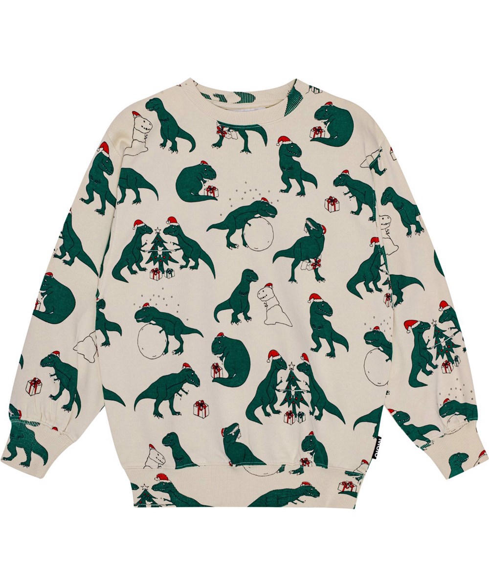 Monti - Festive Dinos - Beige en groen biologisch katoenen sweater met dinosaurusprint.