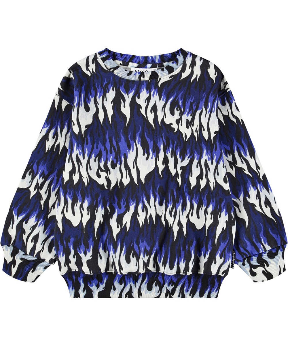 Monti - Ingenuity Cool - Blauwe, witte en zwarte kindersweater gemaakt van zacht biologisch katoen met een vlammenprint.
