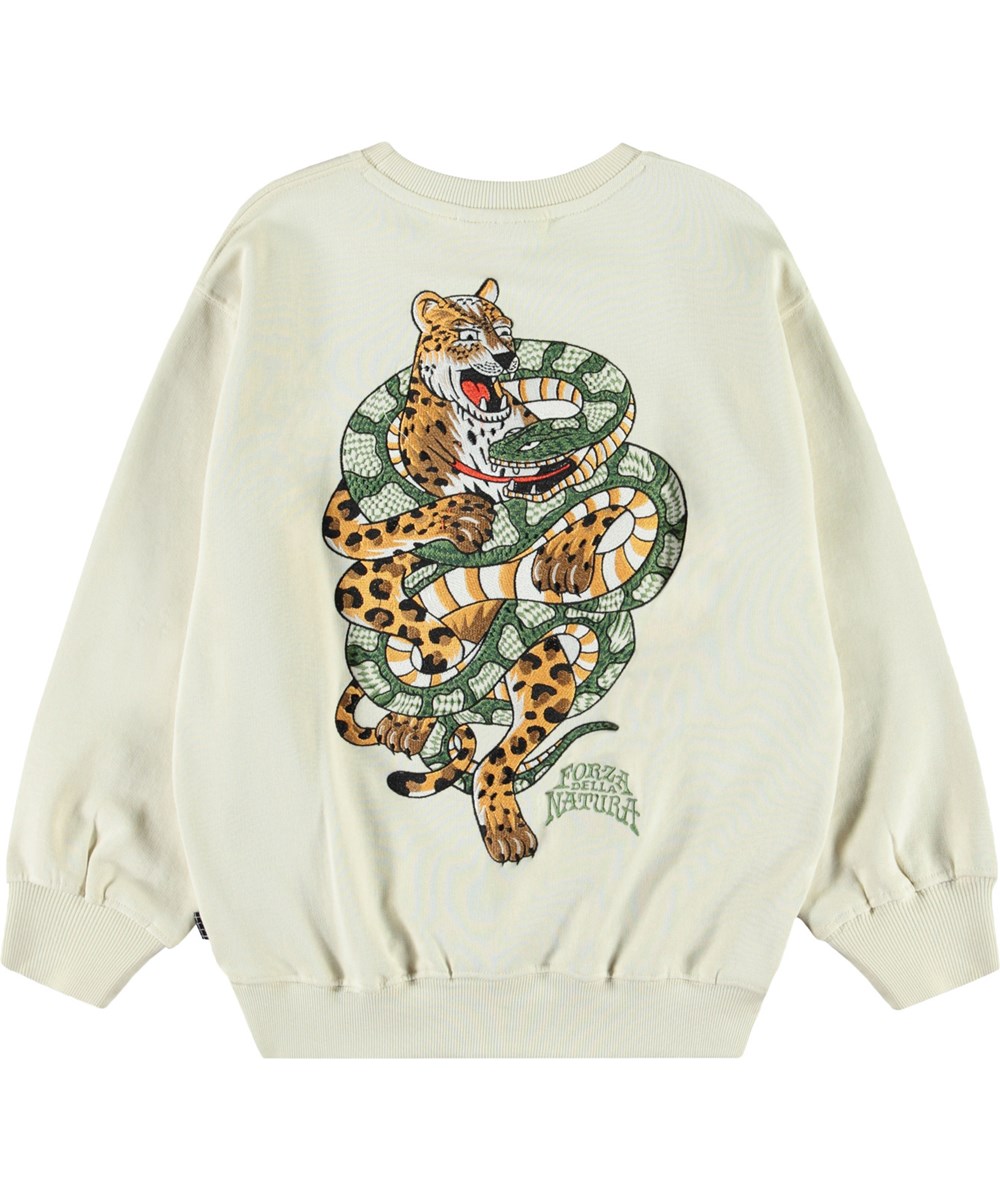 Monti - Jaguar And Snake - Gebroken witte kindersweater van zacht biologisch katoen met print en ribboord rond de hals, mouwen en onderkant.