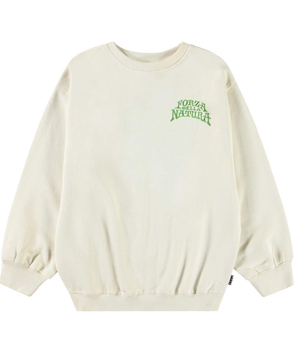 Monti - Jaguar And Snake - Gebroken witte kindersweater van zacht biologisch katoen met print en ribboord rond de hals, mouwen en onderkant.