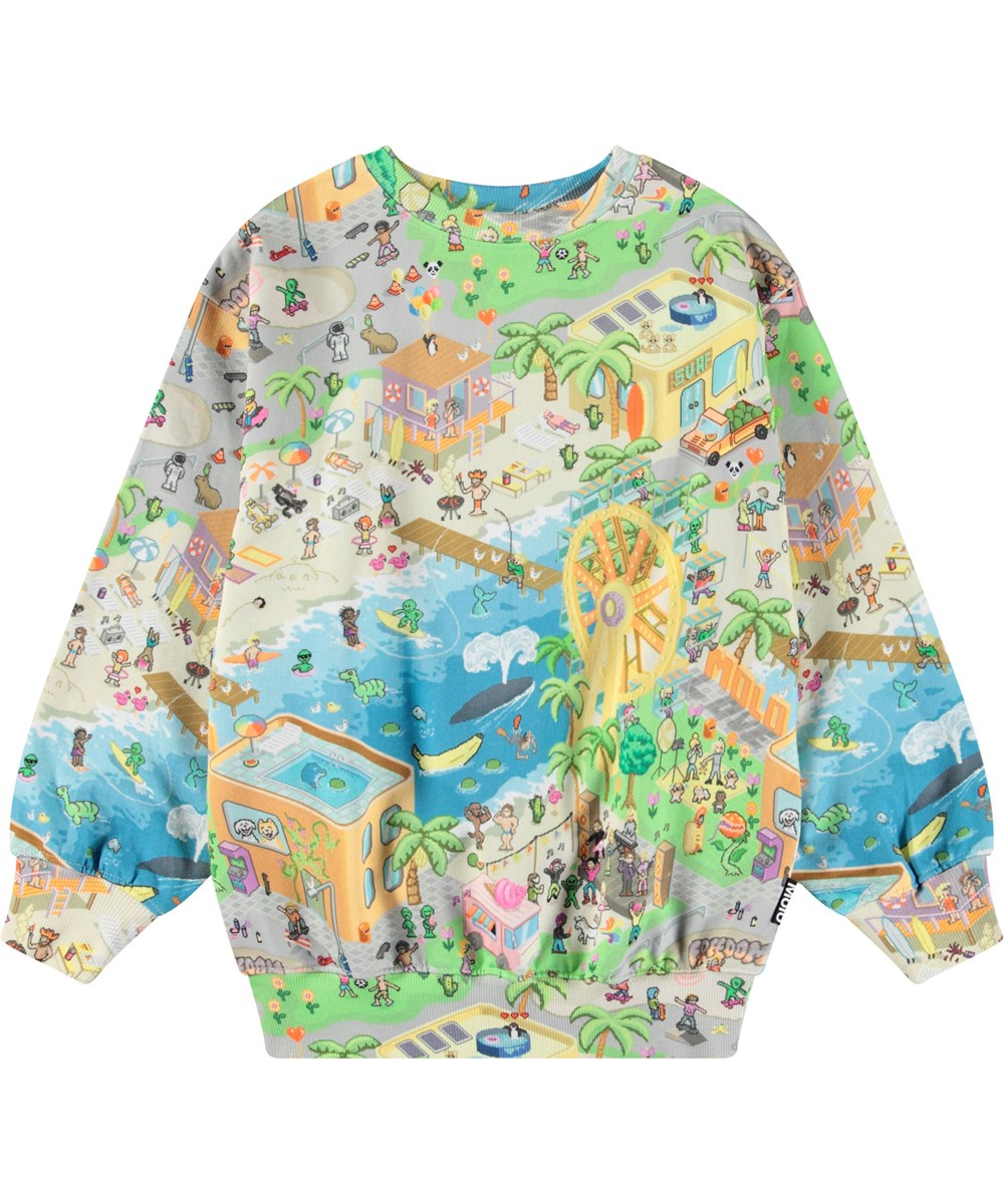 Monti - Pixelcation - Kleurrijke kindersweater van zacht biologisch katoen met print en ribboord rond de hals, mouwen en onderkant.