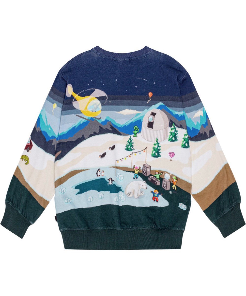 Monti - Pixelscape - Kleurrijke sweater in een ruime pasvorm met een arcade print.