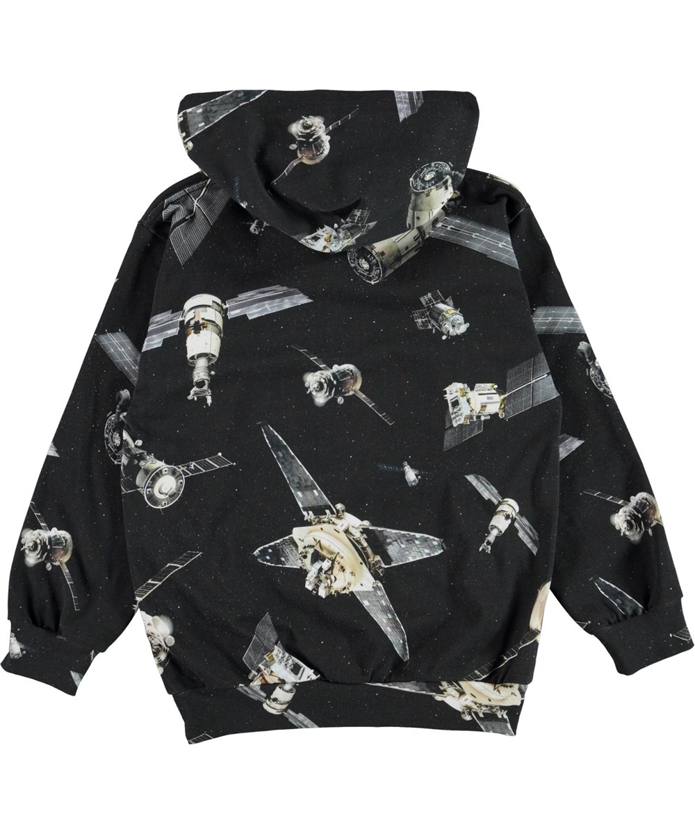 Mowmi - Space Satellite - Zwarte biologische hoodie met satelliet print
