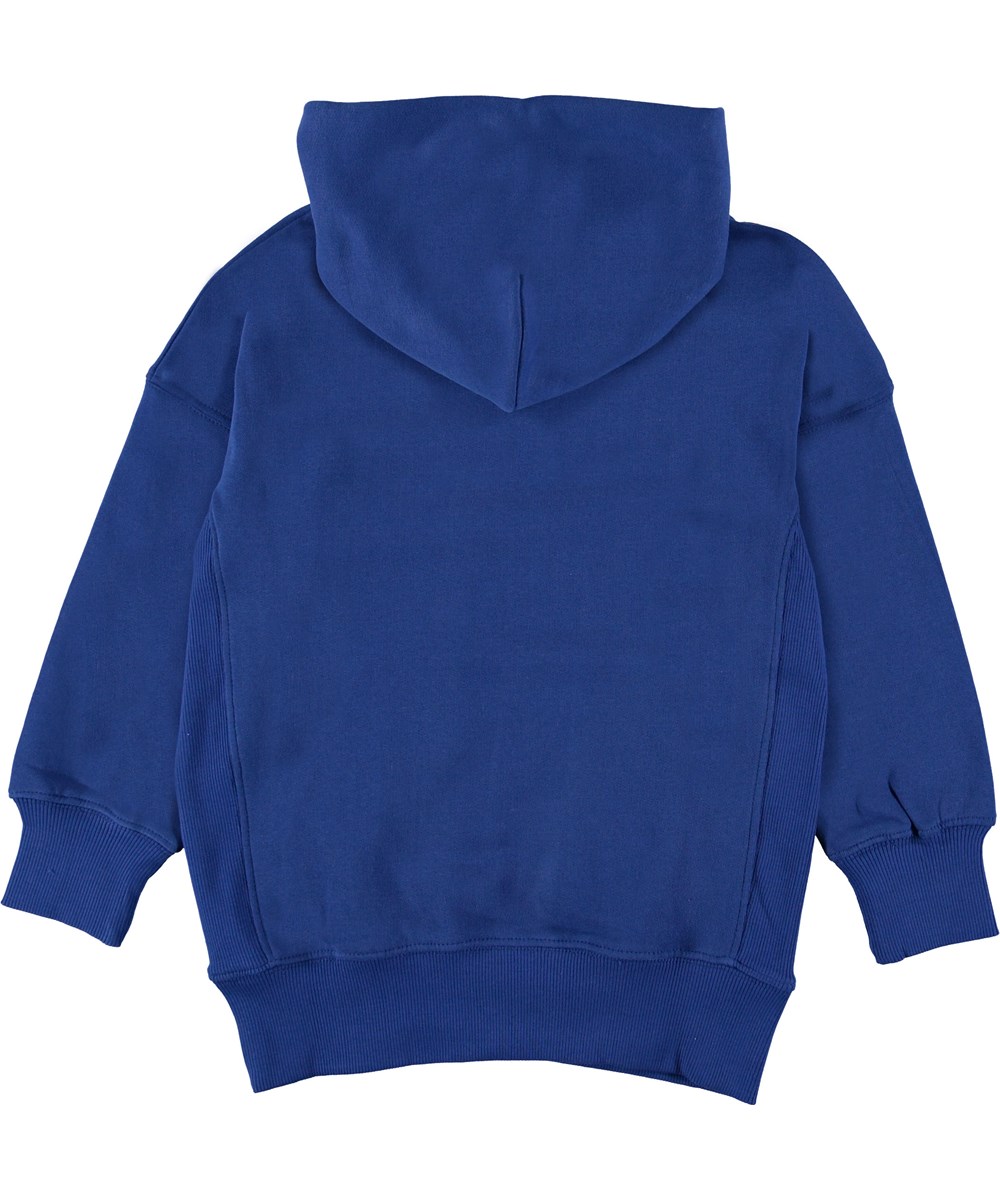 Moz - True Blue - Blauwe hoodie met gele tekst.