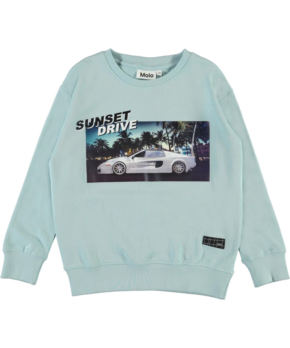 Murphy - Sunset Drive - Lichtblauwe biologische sweater met autoprint