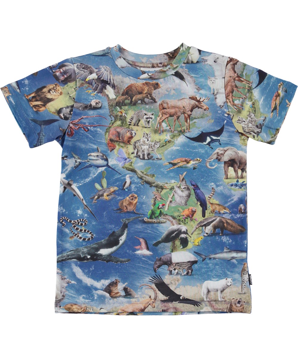 Ralphie - Amazing Earth - Blauwe biologische t-shirt met de Aarde en dierenprint