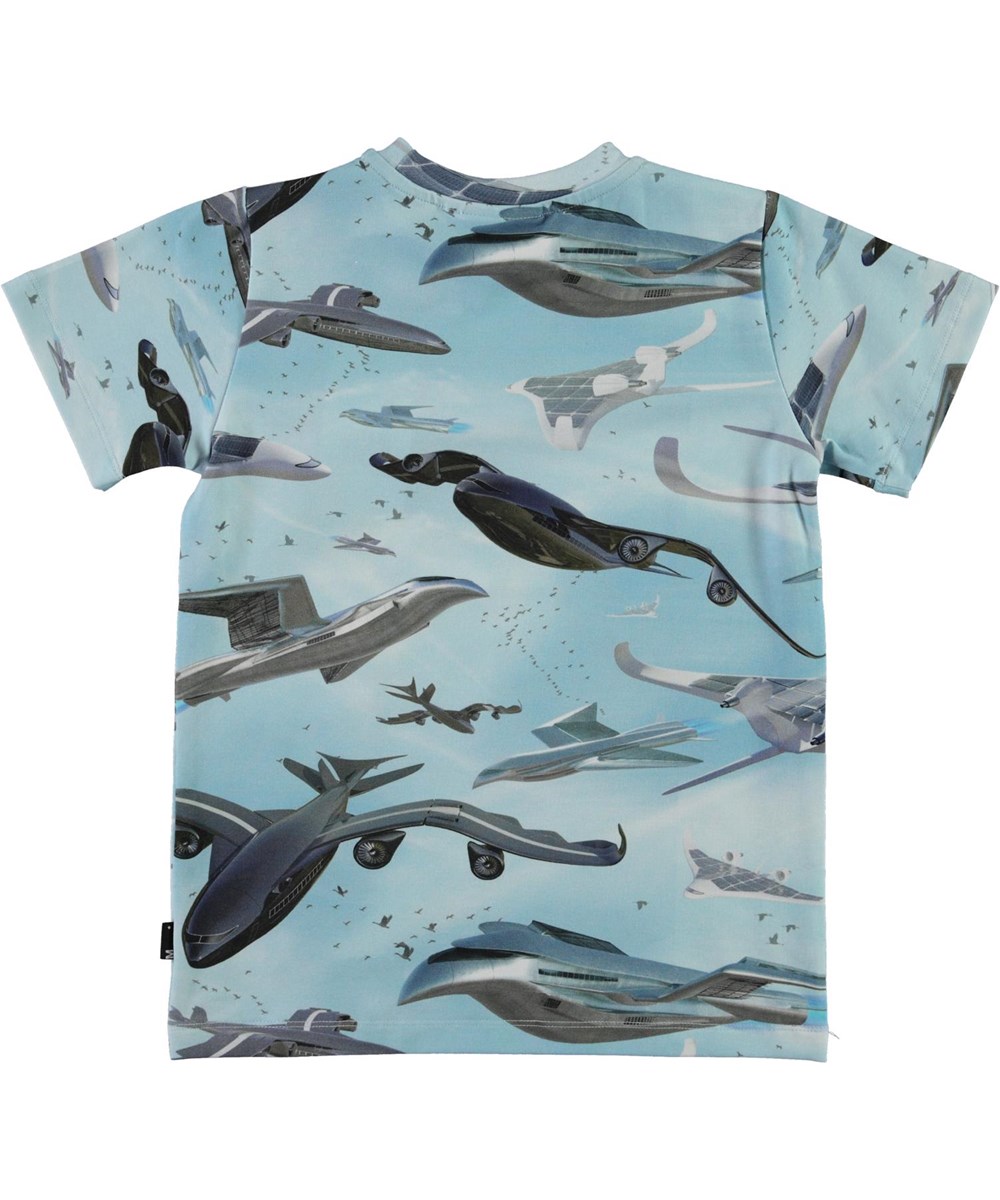 Ralphie - Biomimicry - Biologische lichtblauwe t-shirt met vliegtuigprint