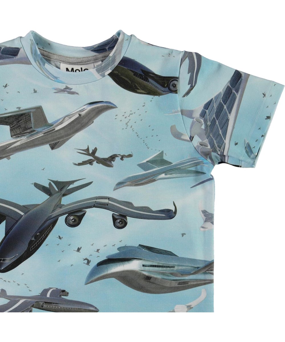 Ralphie - Biomimicry - Biologische lichtblauwe t-shirt met vliegtuigprint