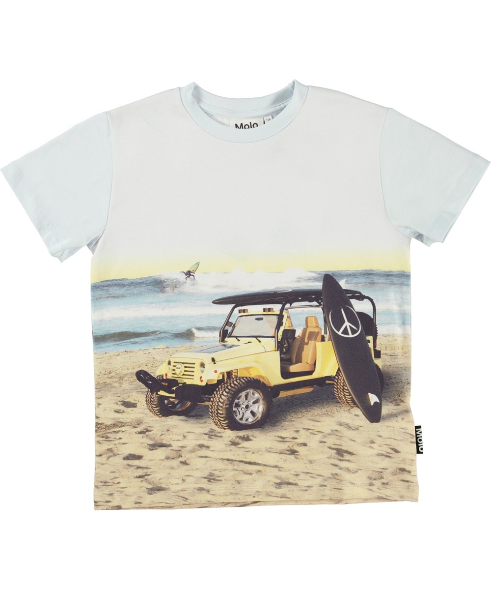 Rame - Beach Life - Lichtblauwe biologische t-shirt met een jeep en strandprint