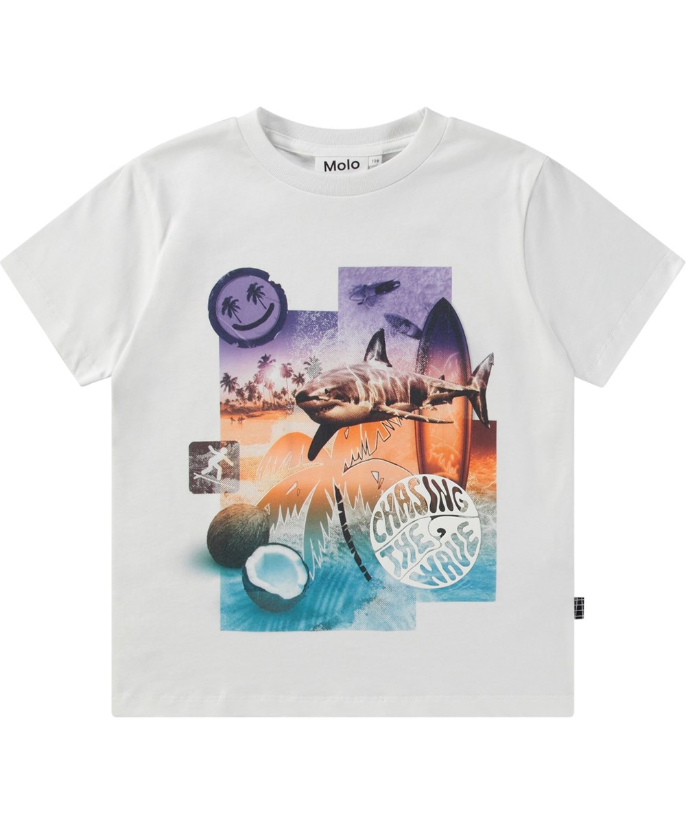 Rame - Collage Surf - Wit kinder t-shirt van biologisch katoen met korte mouwen en ribboord rond de hals.