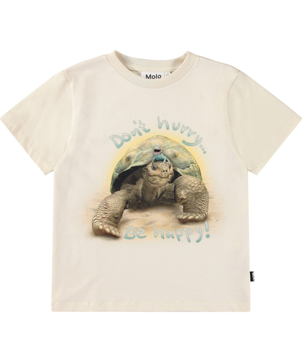 Rame - Don't Hurry - Gebroken wit kinder t-shirt met print in zacht biologisch katoen met een ribboord rond de hals