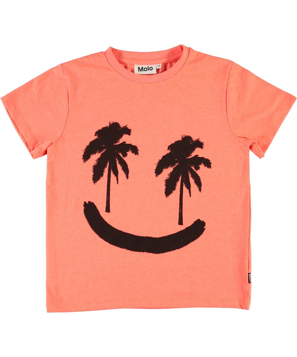 Rame - Neon Coral - Koraalrode smiley palmbomen t-shirt