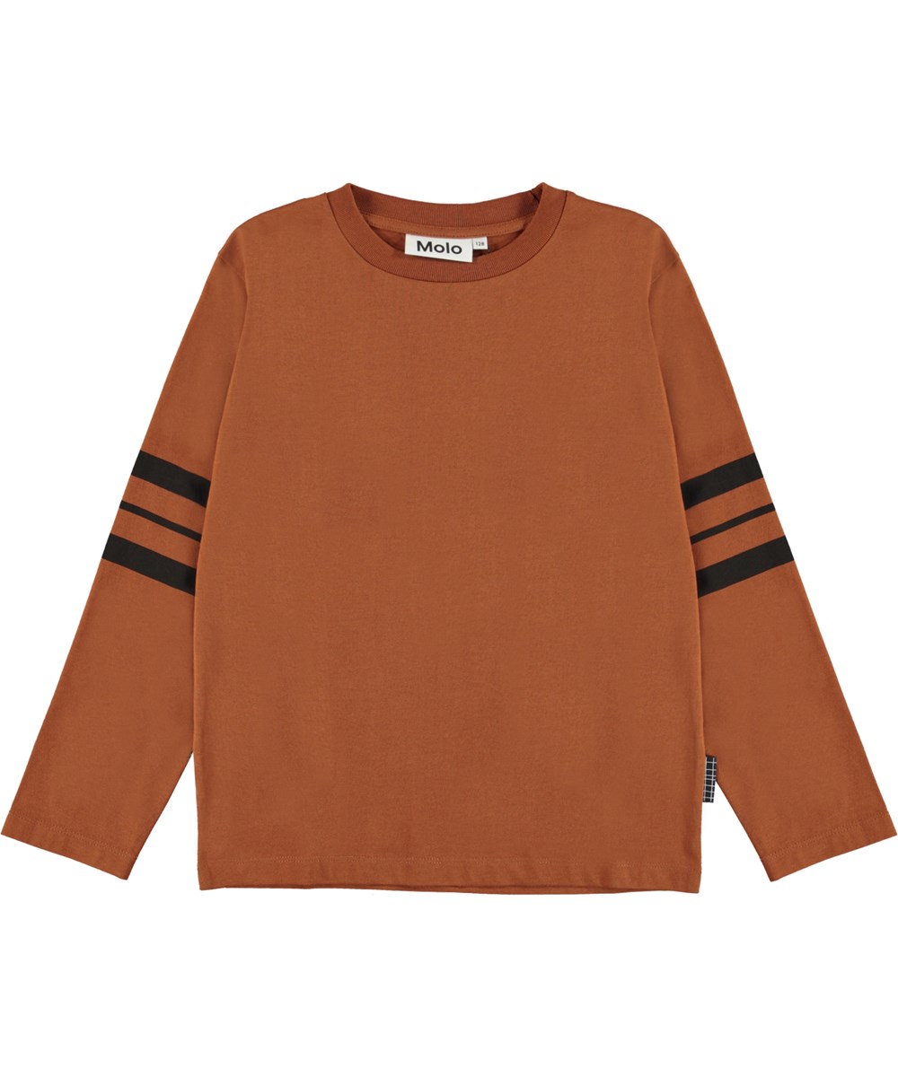 Ras - Tawny Brown - Bruine biologische longsleeve met strepen op beide mouwen