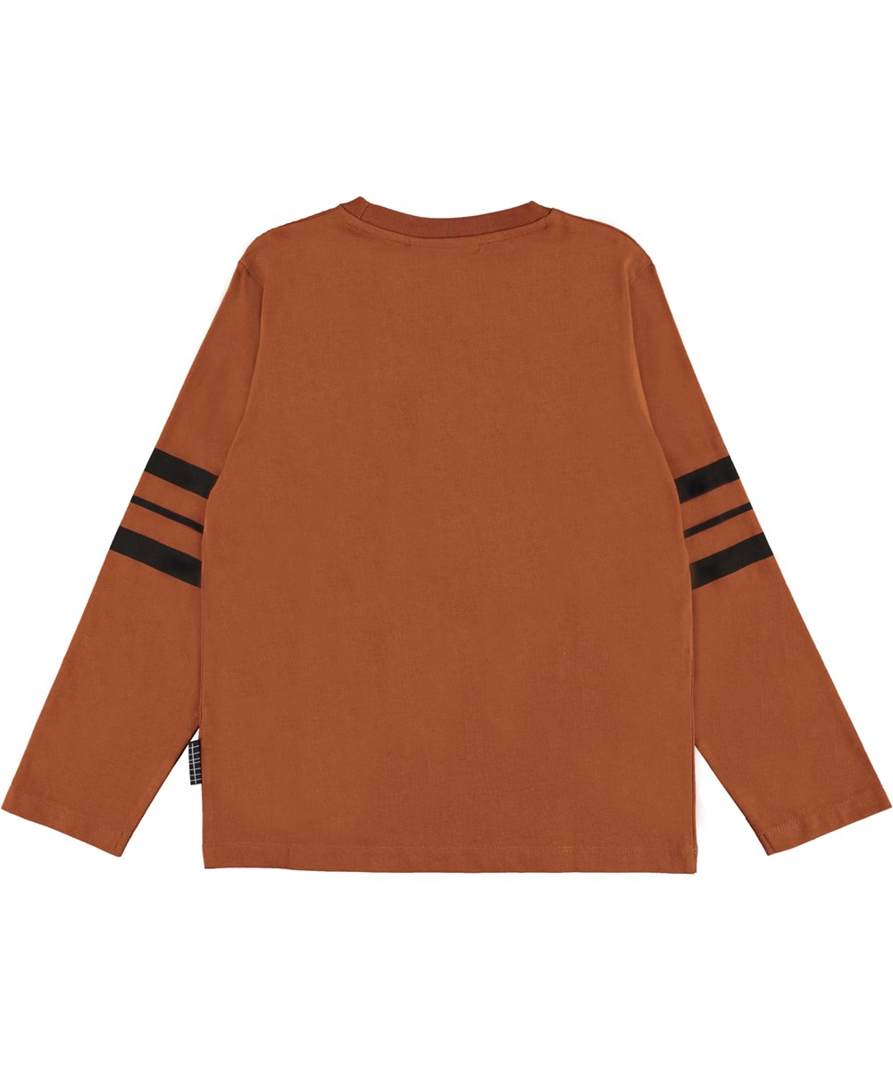 Ras - Tawny Brown - Bruine biologische longsleeve met strepen op beide mouwen