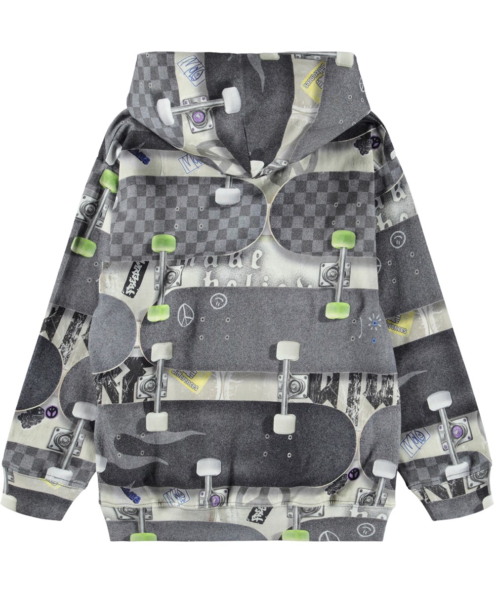 Ratata - Board Wall - Kinderhoodie met skateboardprint in grijstinten gemaakt van biologisch katoen.