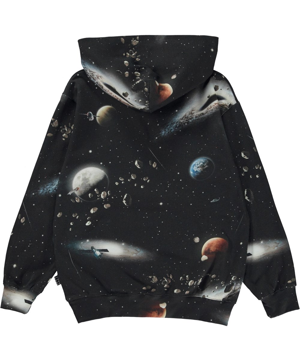 Ratata - Make Space - Zwarte biologische hoodie met een heelalprint