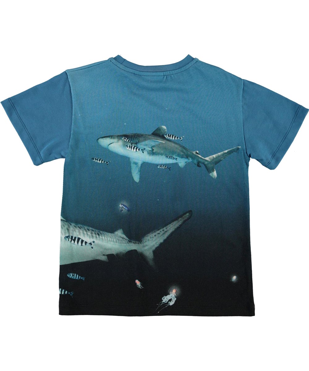 Raveno - Big Fish - Blauwe biologische t-shirt met haaienprint