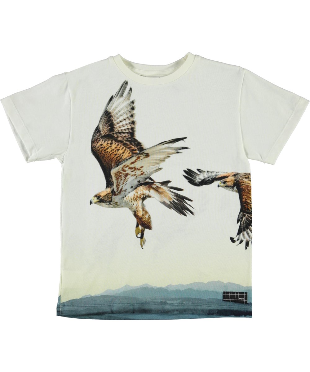 Raveno - Bird Lift Off - Witte biologische t-shirt met adelaarsprint