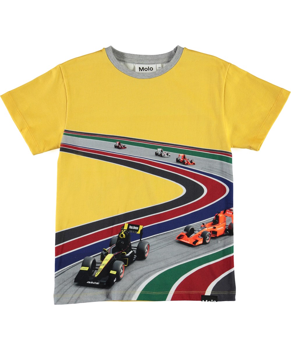 Raveno - Full Speed Curve - Gele biologische t-shirt met auto's