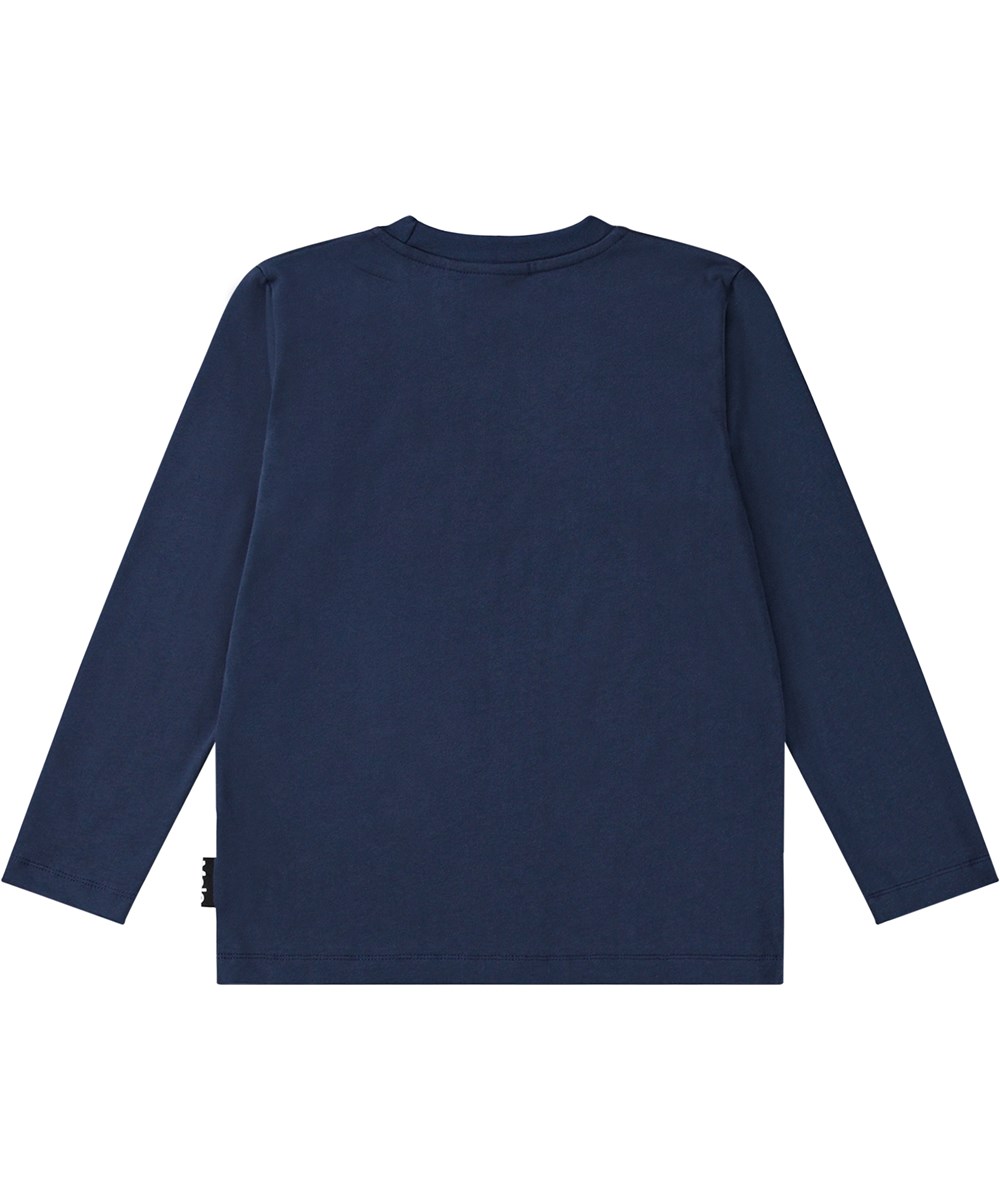 Reif - Dino Night - Donkerblauwe biologisch katoenen longsleeve met een geplaatste print van Dino vrienden in de sneeuw.