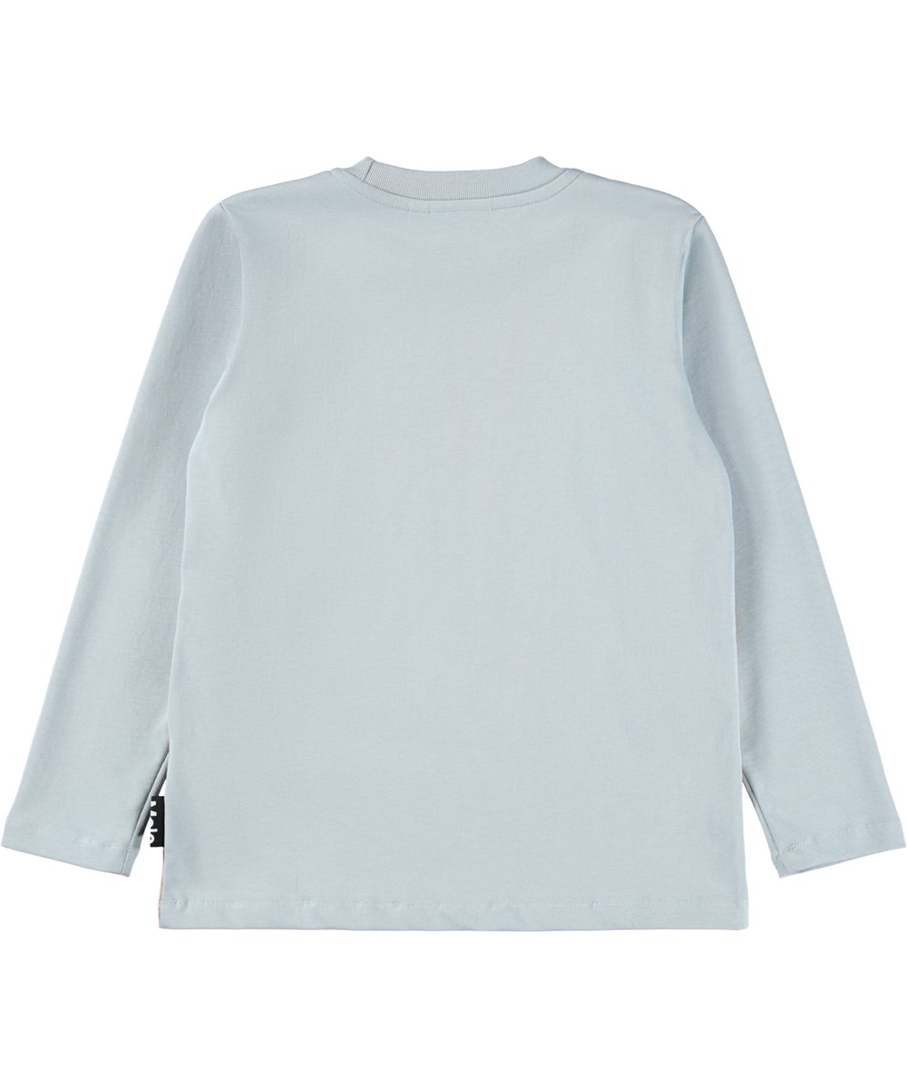 Reif - Lion Family - Lichtblauwe longsleeve voor kinderen gemaakt van zacht biologisch katoen met een ribboord rond de hals. De longsleeve heeft een ruimvallende pasvorm en op de voorkant een print van een leeuwenfamilie.