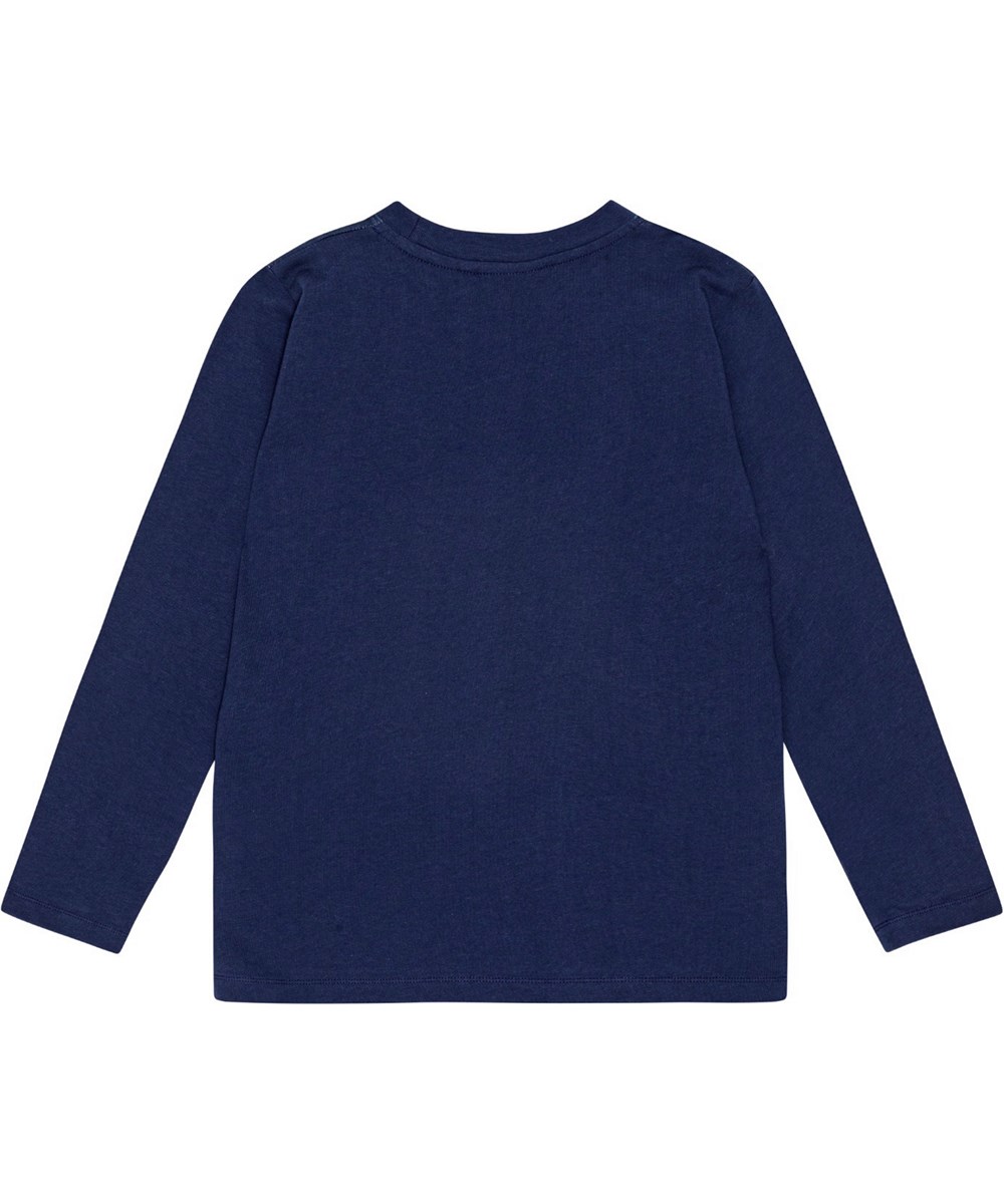 Reif - Telescope - Donkerblauwe biologisch katoenen longsleeve met  geribbelde zoom. Plaatsingsprint geïnspireerd door de James Webb-ruimtetelescoop.