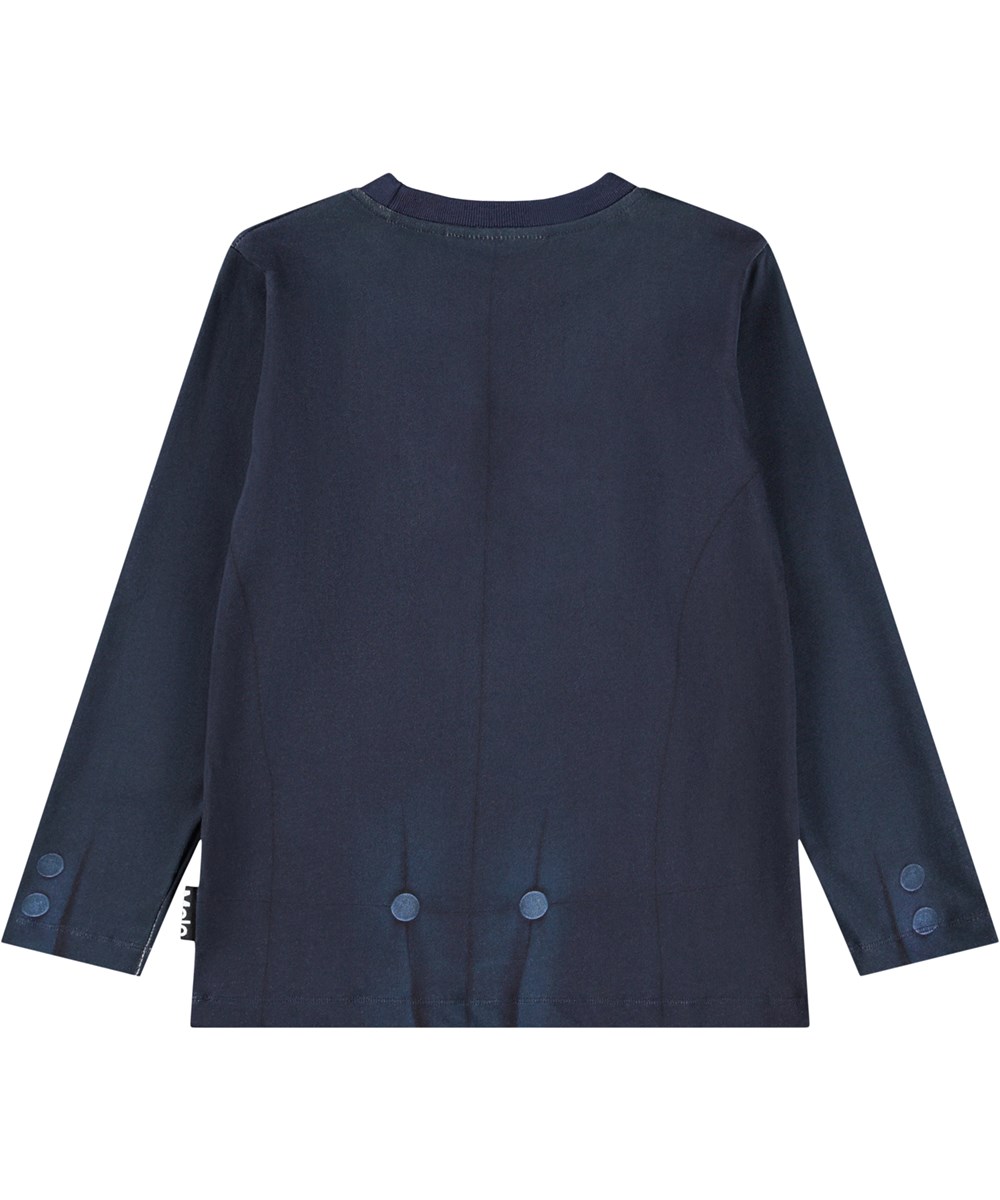 Reif - Tuxedo - Donkerblauw longsleeve voor kinderen gemaakt van zacht biologisch katoen met een ribboord rond de hals. De longsleeve heeft een ruimvallende pasvorm met een illusieprint van een smoking.
