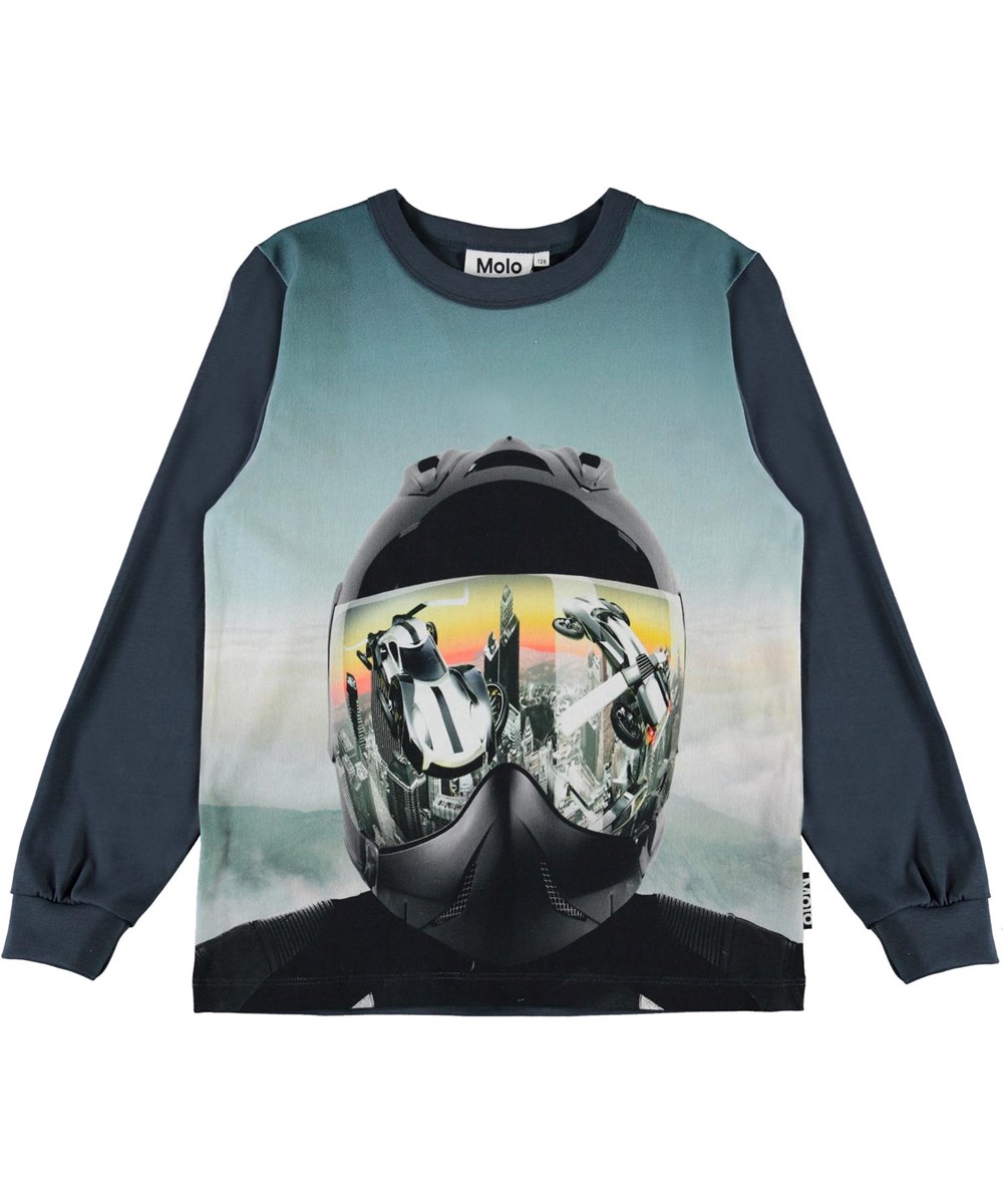 Rez - Helmet - Blauwe biologische sweater met helmprint