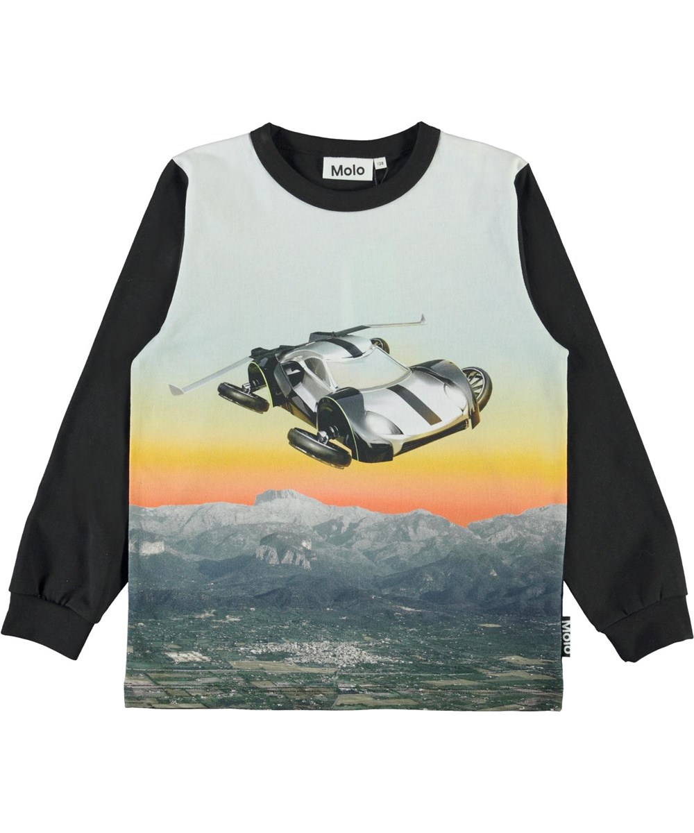 Rez - Hover Car - Zwarte biologische sweater met vliegende auto’s