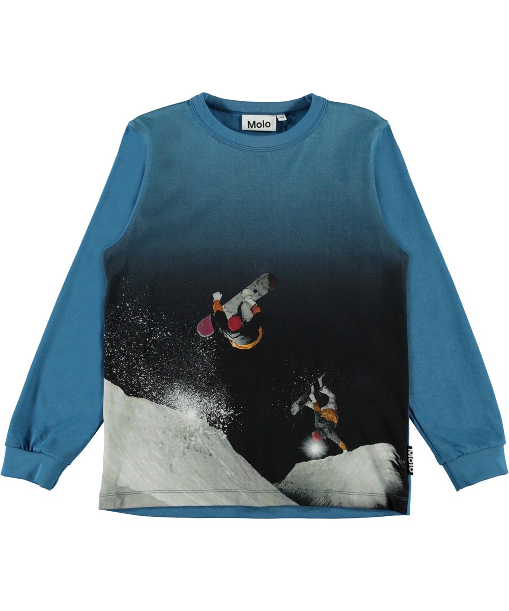 Rez - Snowboarders - Blauwe biologische shirt met snowboarderprint