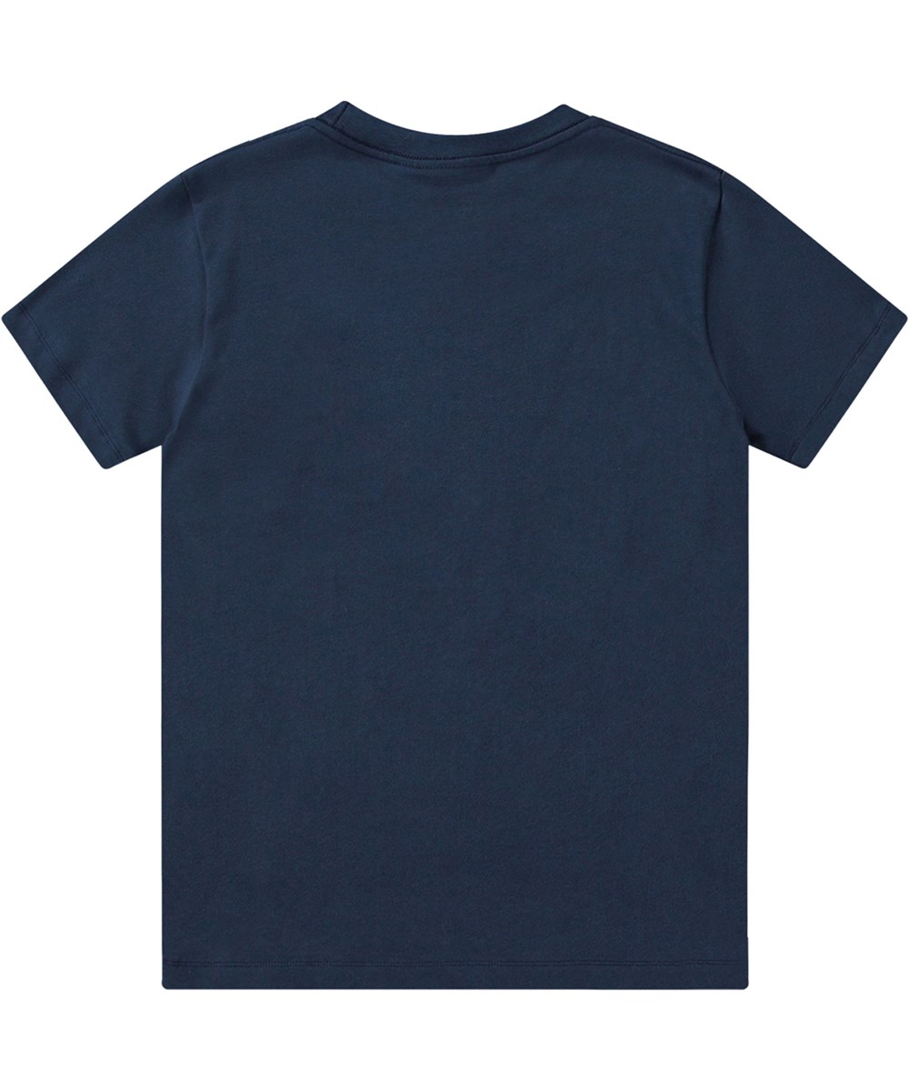 Riley - Balancing - Blauw t-shirt van biologisch katoen met op de voorkant een kleurrijke cartoonprint