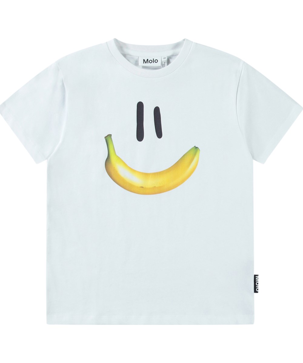 Riley - Banana Smile - Wit kinder t-shirt met print  in zacht biologisch katoen met korte mouwen en ribboord rond de hals.