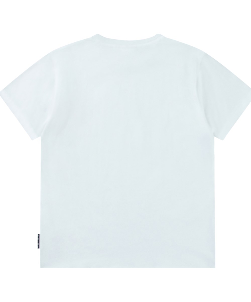 Riley - Banana Smile - Wit kinder t-shirt met print  in zacht biologisch katoen met korte mouwen en ribboord rond de hals.