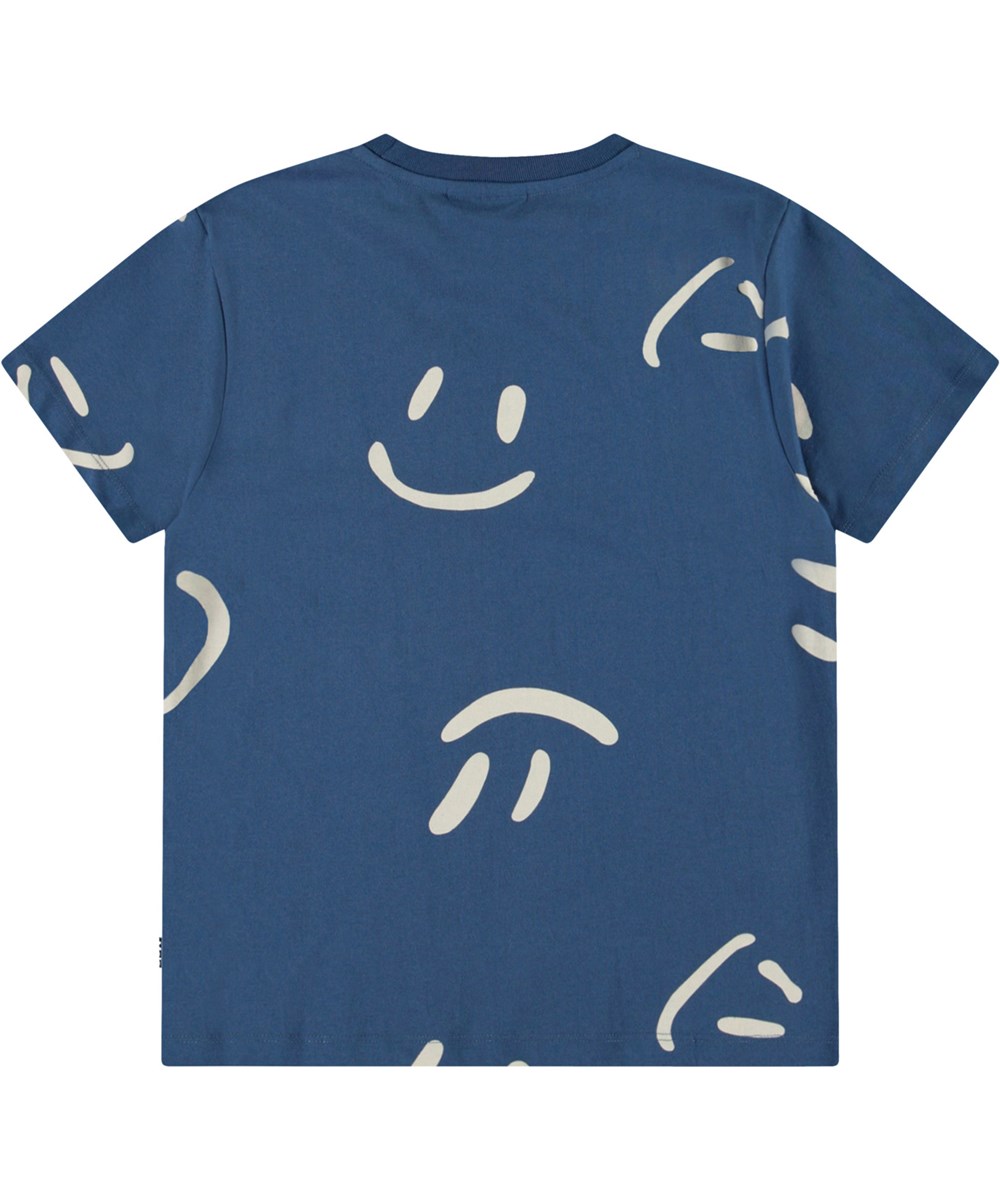 Riley - Big Smiles Blue - Blauw kinder t-shirt met print  in zacht biologisch katoen met korte mouwen en ribboord rond de hals.