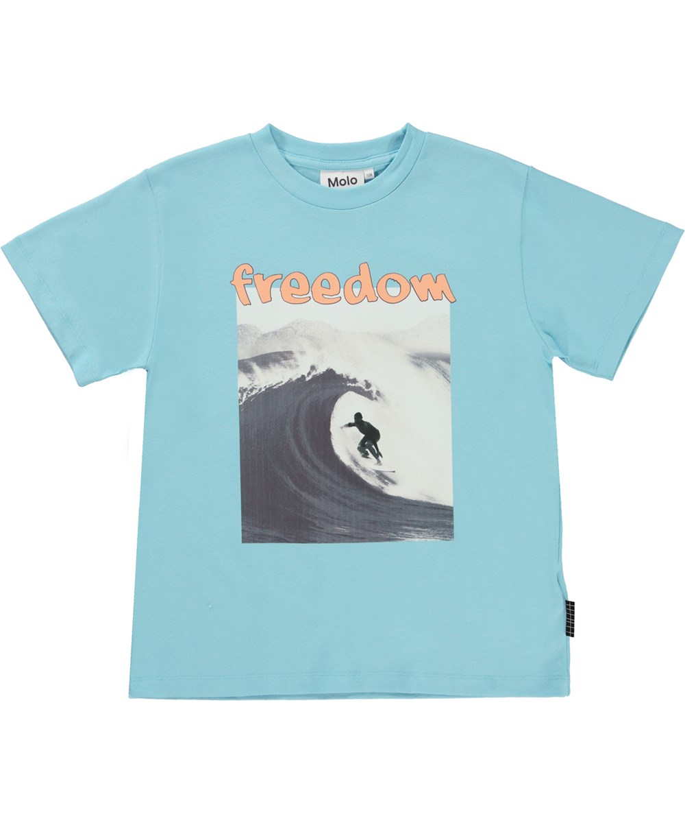 Riley - Blue Grotto - Blauwe biologische t-shirt met surfprint