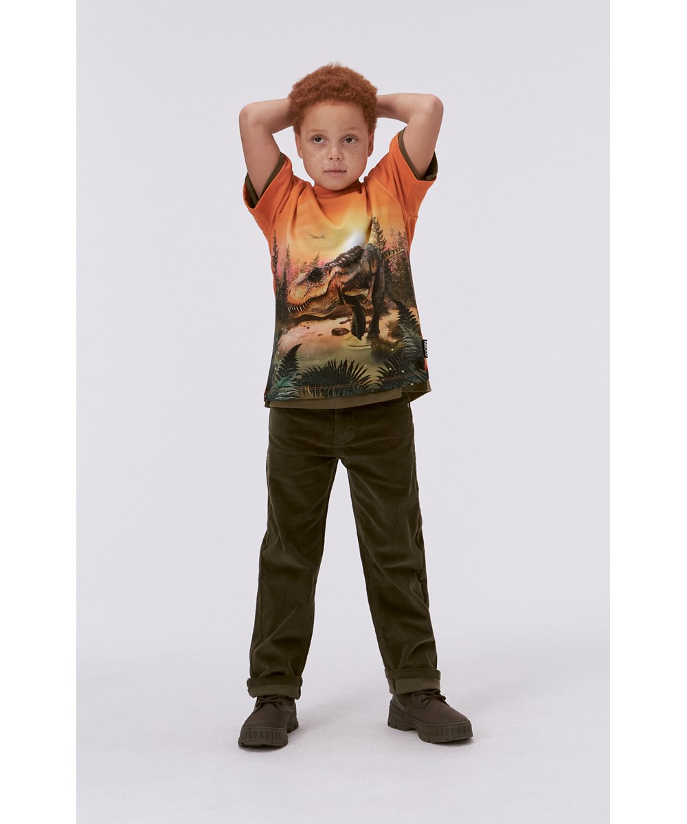 Riley - Dino Lake - Oranje biologische t-shirt met dinosaurusprint