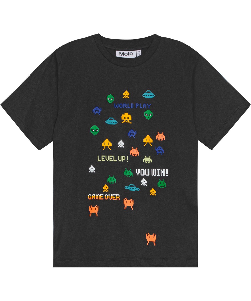 Riley - Game Over - Zwarte t-shirt van biologisch katoen met bedrukt pixeldesign.