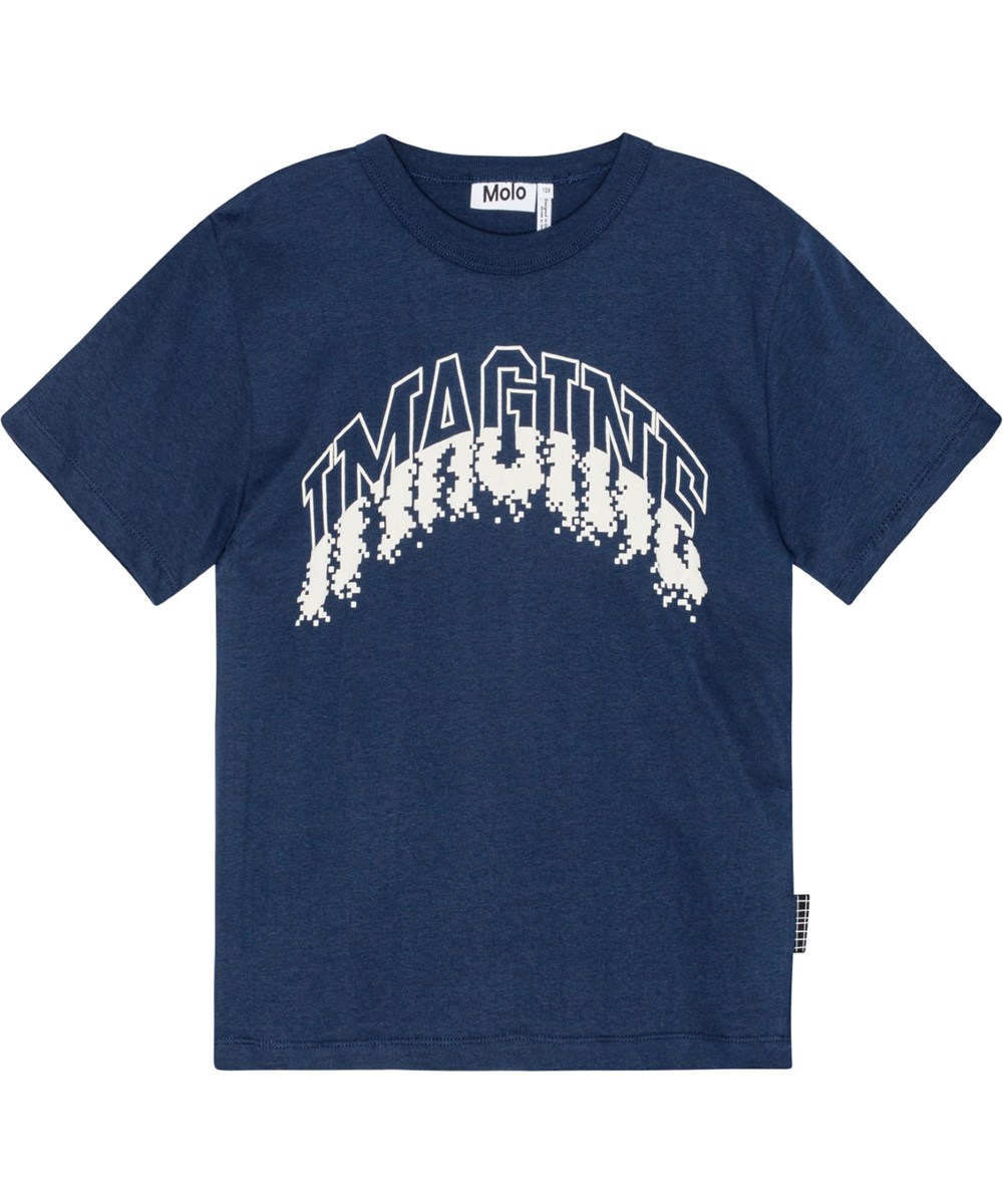 Riley - Imagine Oceanic - Blauw t-shirt van biologisch katoen met witte opdruk van de tekst "Imagine".