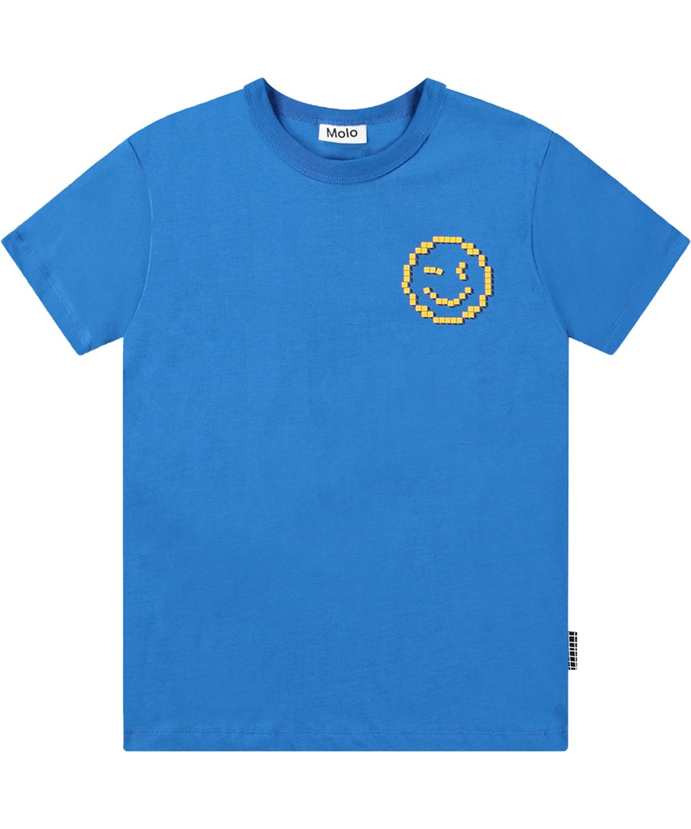 Riley - Lapis Blue - Blauw t-shirt van biologisch katoen met een print van een lachend pixelgezicht.