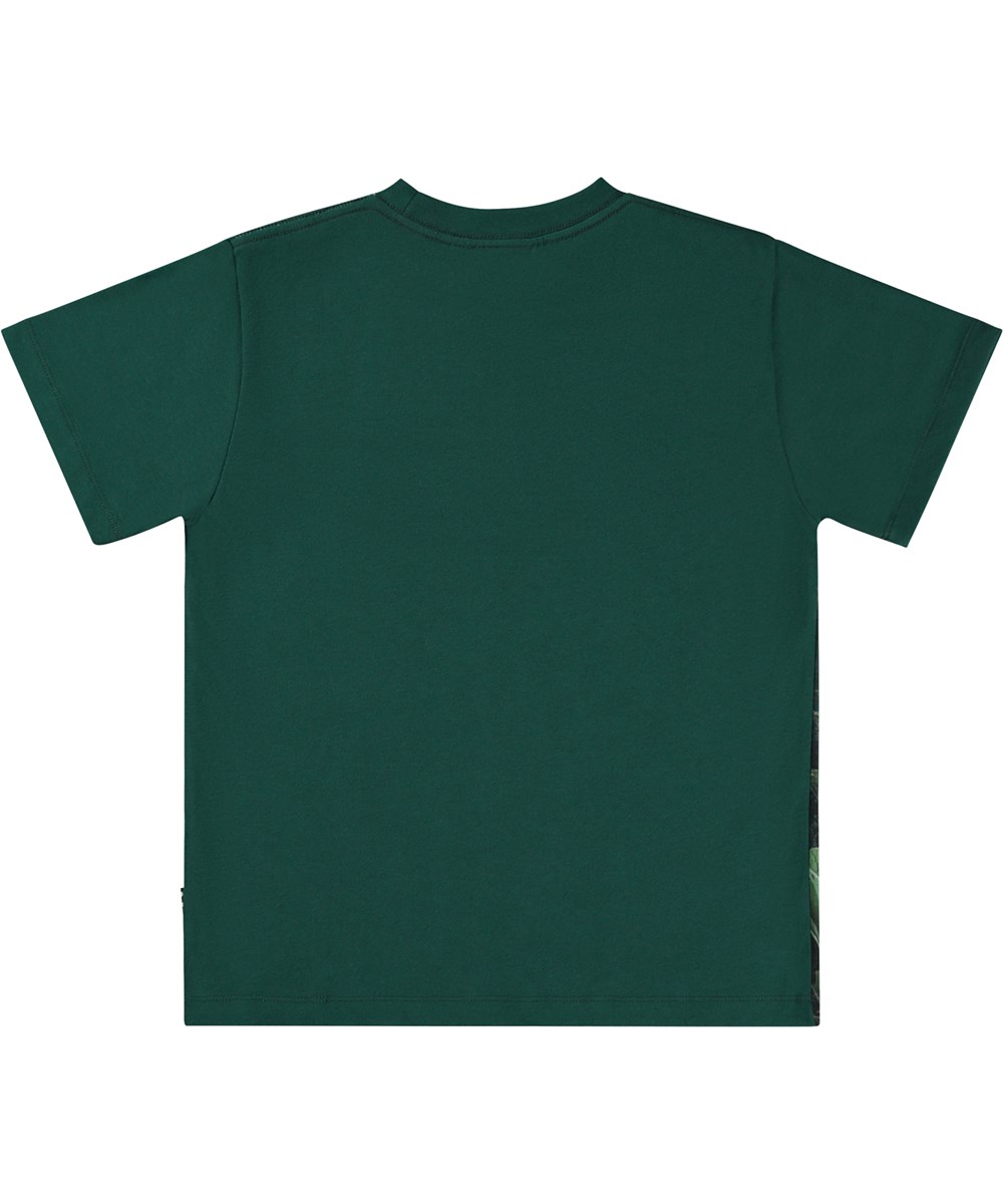 Riley - Magic Forest - Groene biologische t-shirt met paddenstoelen en dinosaurusprint)