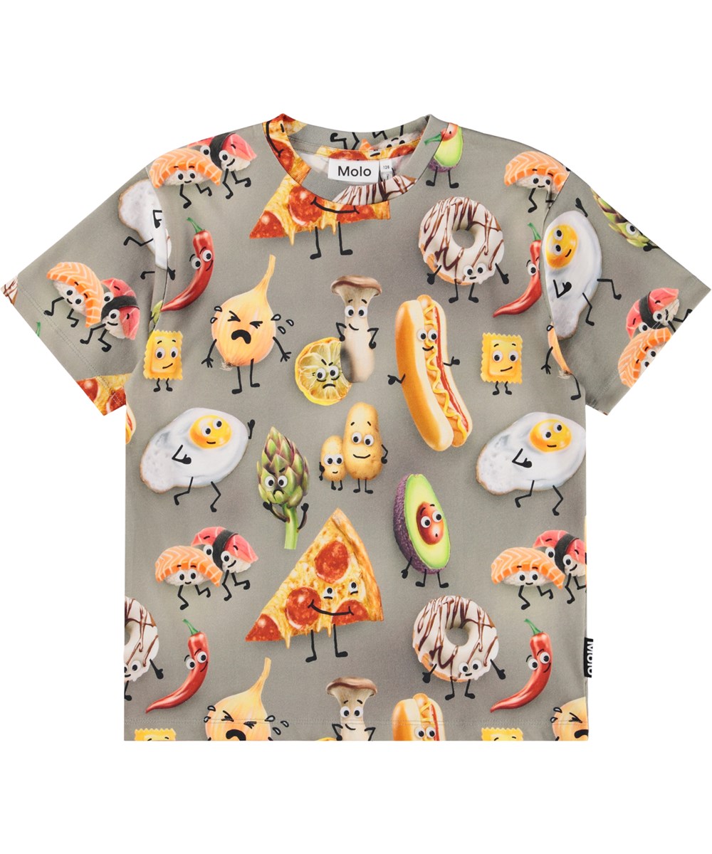 Riley - Moody Foods - Zwart kinder t-shirt gemaakt van zachte biologische katoen met print en een ribboord rond de hals.