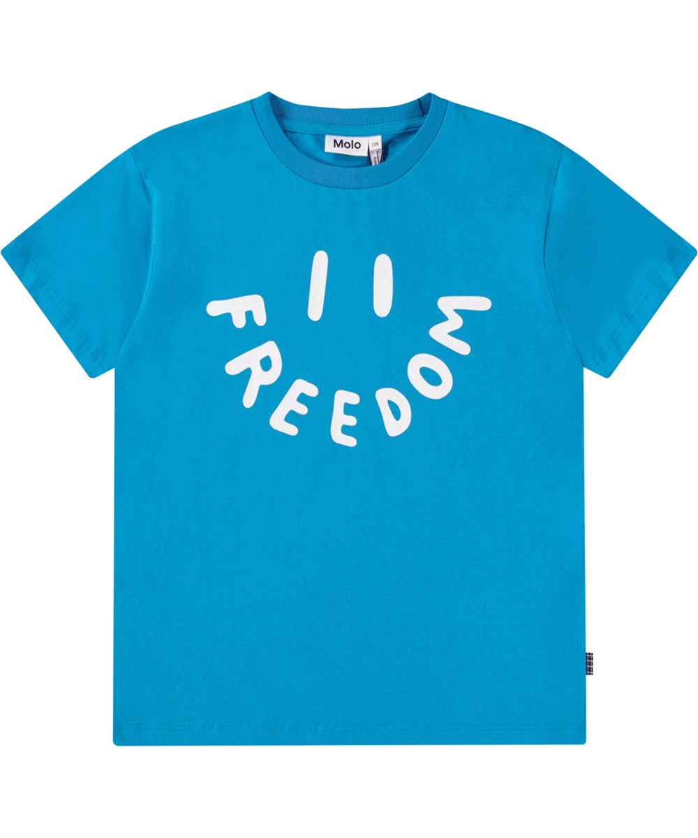 Riley - Peacock Blue - Blauw kinder t-shirt met print  in zacht biologisch katoen met korte mouwen en ribboord rond de hals.