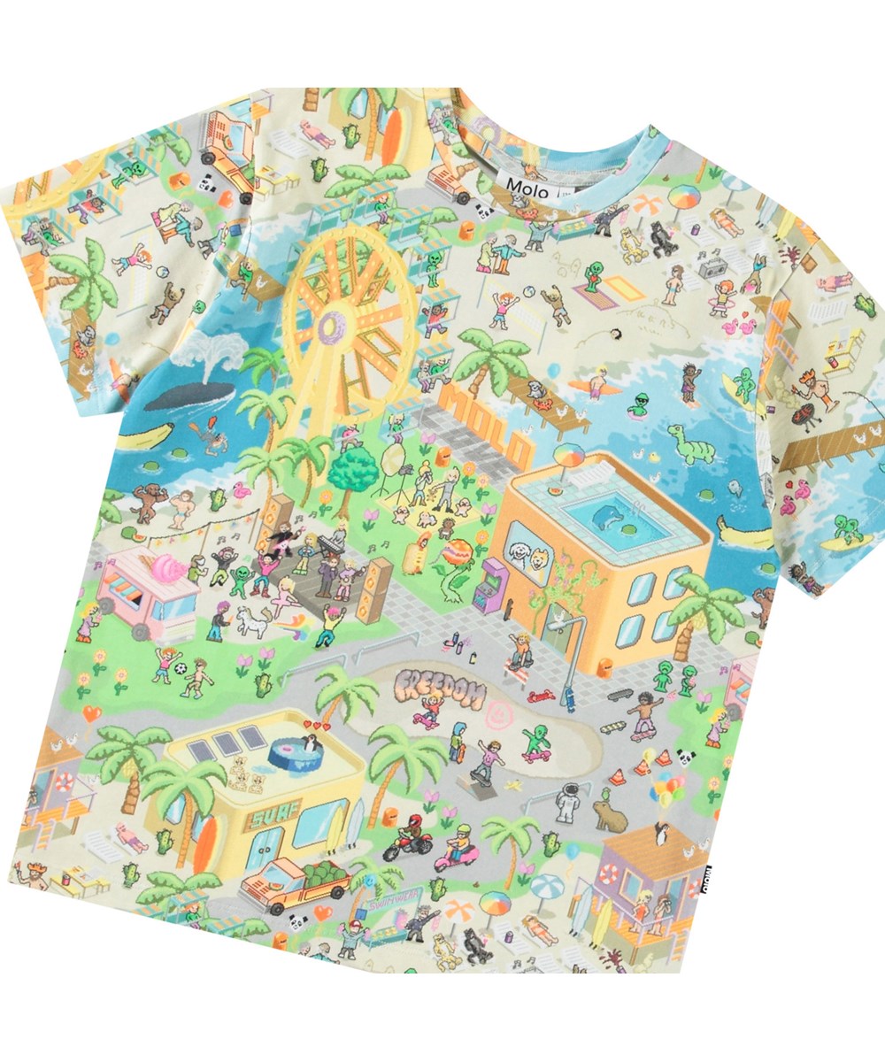 Riley - Pixelcation - Kleurrijk kinder t-shirt met  print in zacht biologisch katoen met korte mouwen en ribboord rond de hals