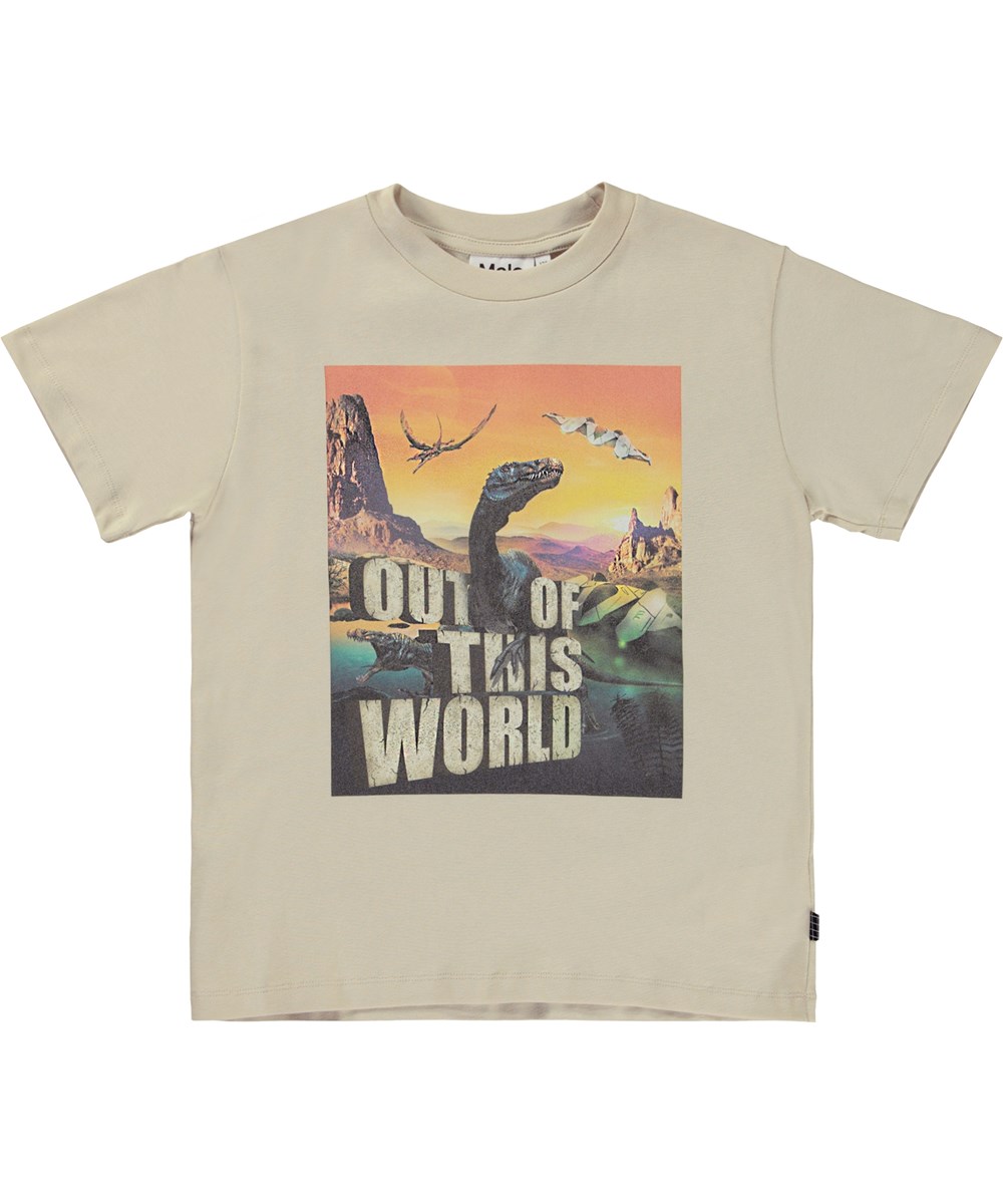 Riley - Strange World - Beige biologische t-shirt met het heelal en dinosaurusprint