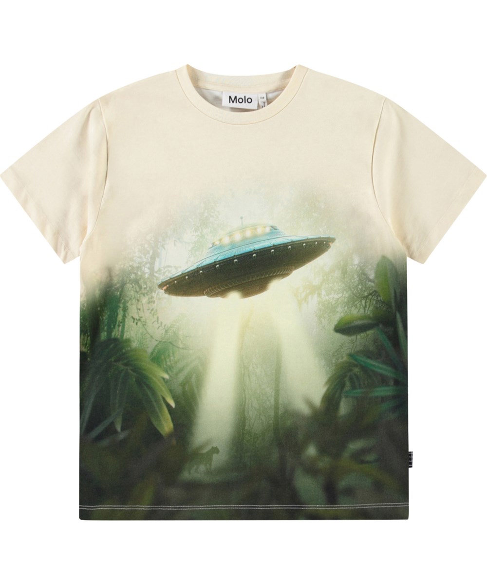 Riley - UFO Jungle - Gebroken wit kinder t-shirt met  print in zacht biologisch katoen met korte mouwen en ribboord rond de hals