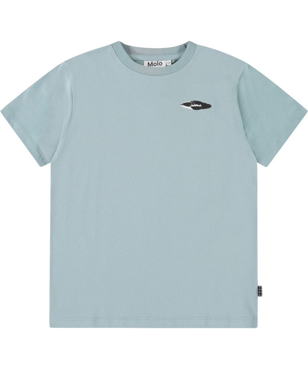 Riley - Ufos Graphic - Lichtblauw kinder t-shirt met print  in zacht biologisch katoen met korte mouwen en ribboord rond de hals.