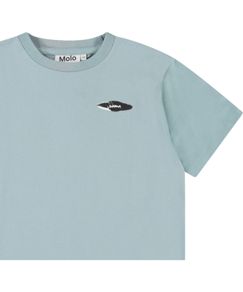 Riley - Ufos Graphic - Lichtblauw kinder t-shirt met print  in zacht biologisch katoen met korte mouwen en ribboord rond de hals.